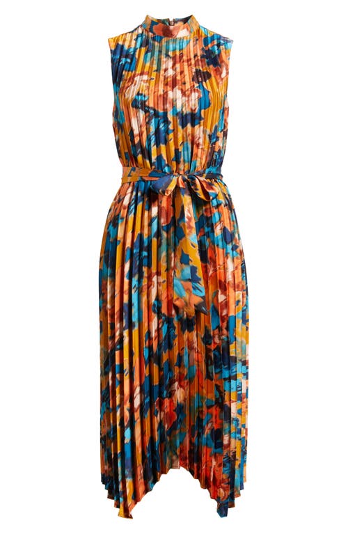 Tahari Asl Abstract Print Pleated Belted Dress In Multi