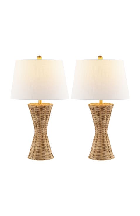 Laura 27" Coastal Designer Iron/Rattan Wicker LED Table Lamp, Natural (Set of 2)