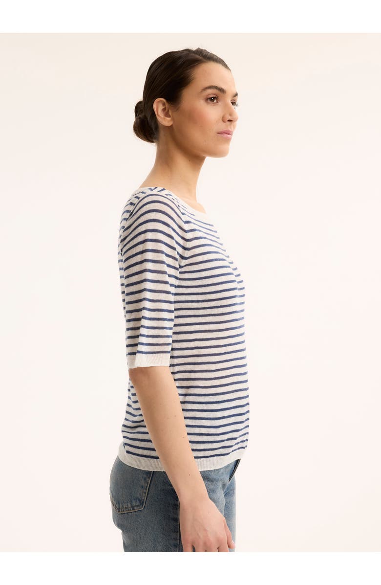 Majestic Filatures Linen Knit Stripe Elbow Sleeve Crewneck, Alternate, color, Marine