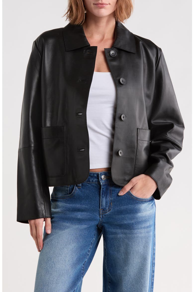 Cropped Patch Pocket Leather Jacket, Main, color, BLACK