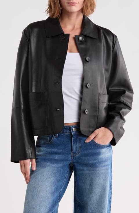 Cropped Patch Pocket Leather Jacket
