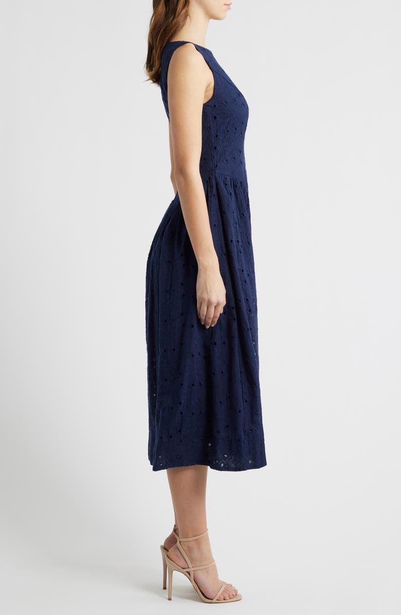 All in Favor Broderie Anglaise Fit & Flare Midi Dress, Alternate, color, Navy