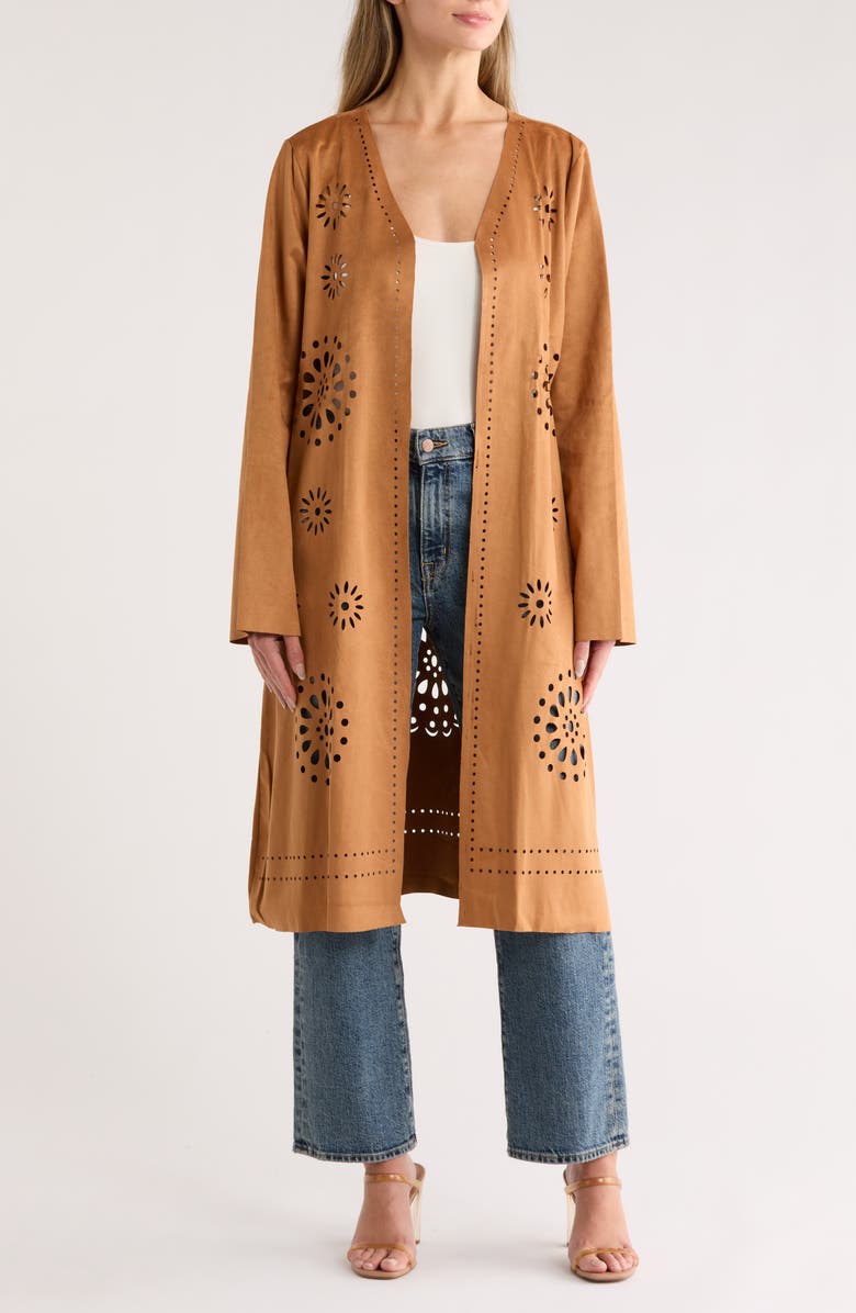 Forgotten Grace Lasercut Long Sleeve Duster, Main, color, Camel