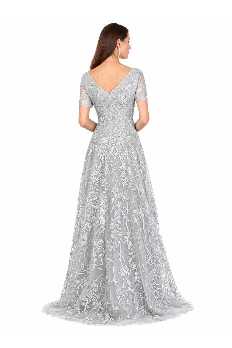 Short Sleeve Lace A-Line Dress with V-Neckline, Alternate, color, Dusty Blue/Green