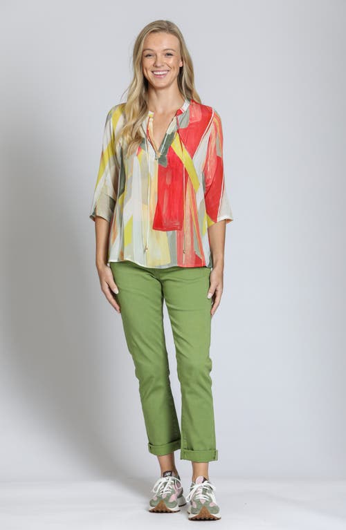 Apny Print Tassel Split Neck Chiffon Top In Orange/yellow Multi