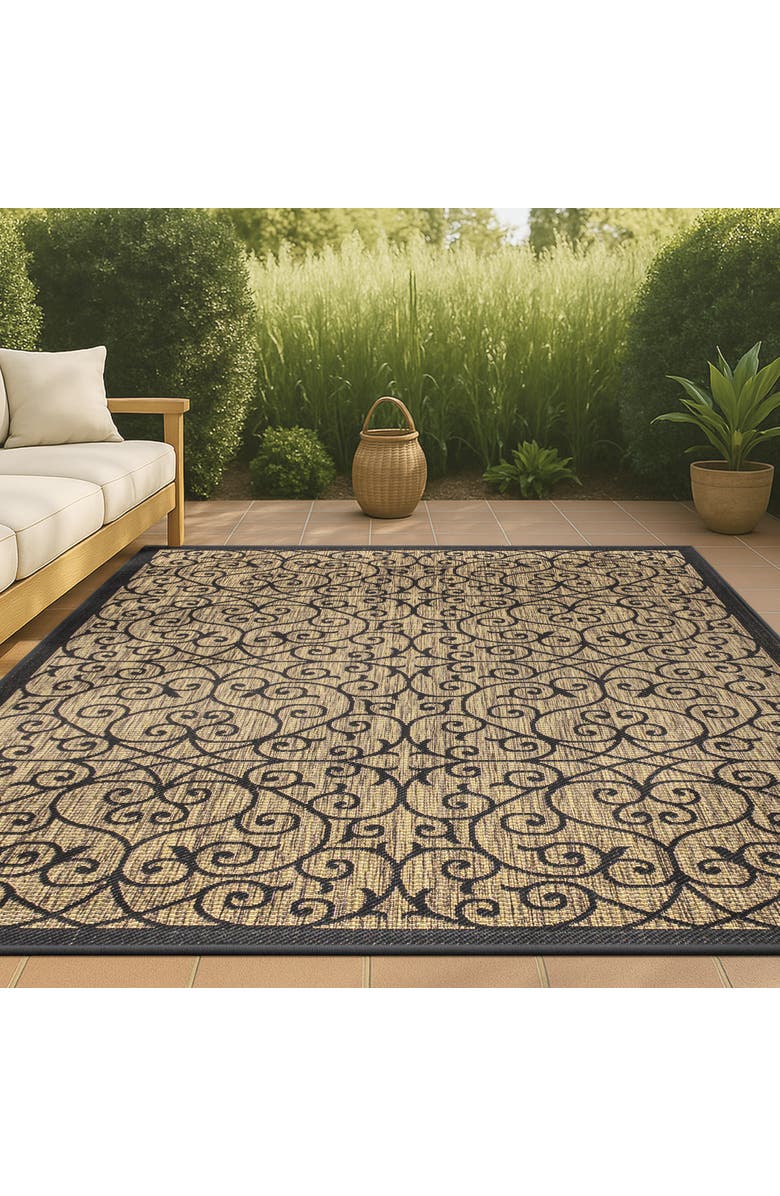 JONATHAN Y Madrid Vintage Filigree Textured Weave Indoor/Outdoor Area Rug, Alternate, color, Black/Khaki- Round