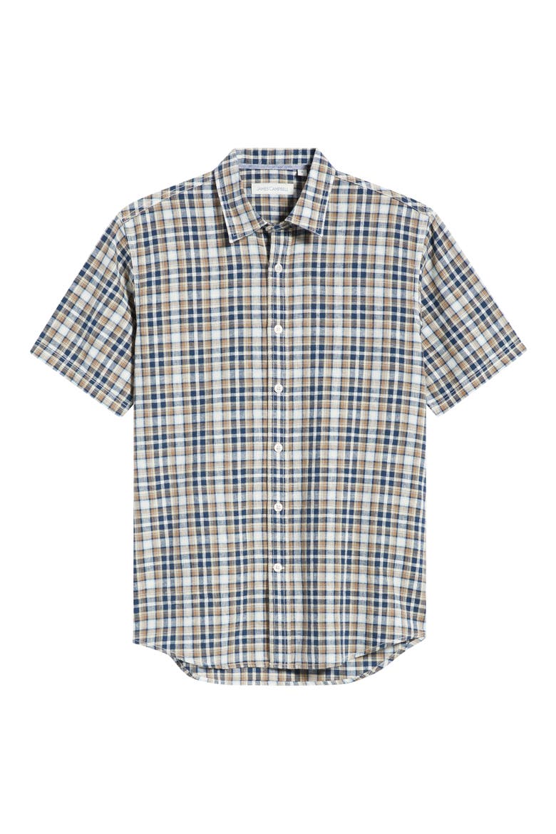 Funchal Regular Fit Plaid Short Sleeve Cotton & Linen Sport Shirt, Alternate, color, BLUE