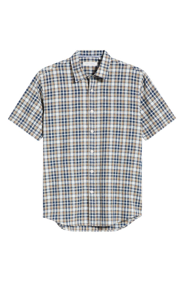 James Campbell Funchal Regular Fit Plaid Short Sleeve Cotton & Linen Sport Shirt, Alternate, color, Blue