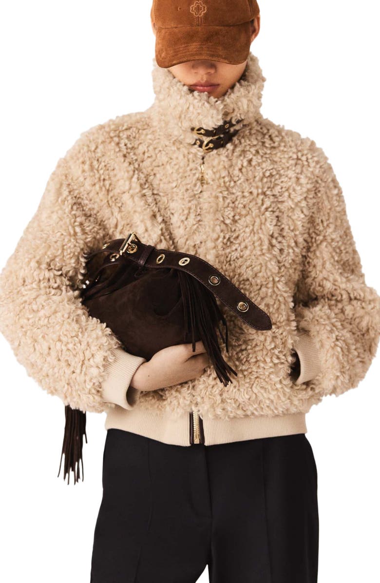 maje Short bouclé jacket, Alternate, color, Camel