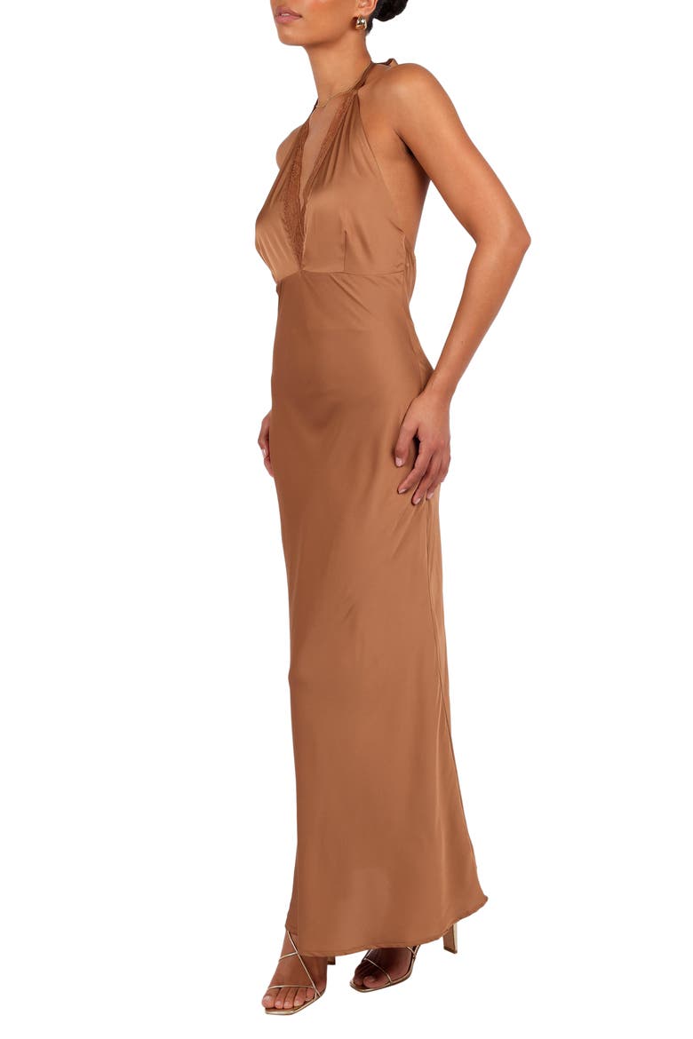 Kalina Lace Trim Halter Satin Maxi Dress, Alternate, color, BRONZE