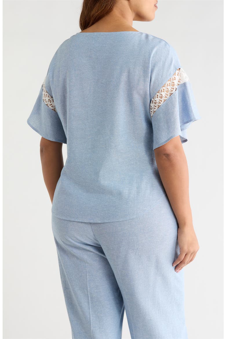 Lace Trim Flutter Sleeve Linen Blend Top, Alternate, color, LAGOON/ CRISP WHITE