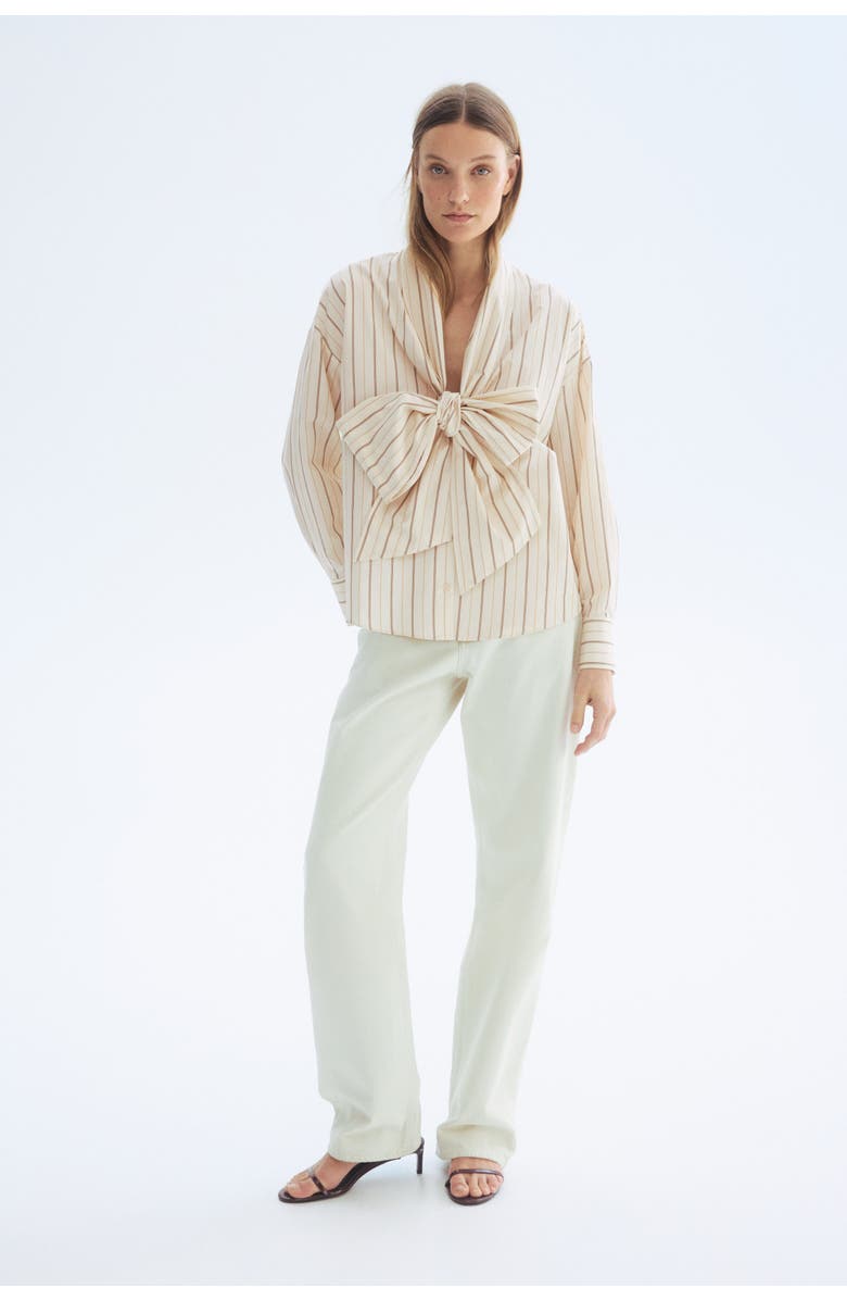 H&M Tie-front poplin shirt, Alternate, color, Light Beige/Striped