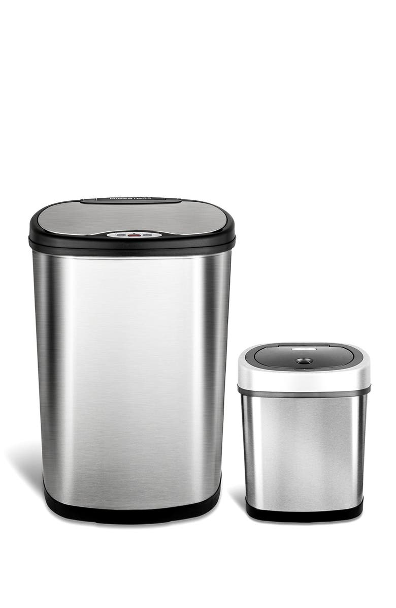 NINESTARS Oval Automatic Touchless Infrared Motion Sensor Trash Can Combo 2-Piece Set - 13.2 Gallons/2.1 Gallons, Alternate, color, Silver Black