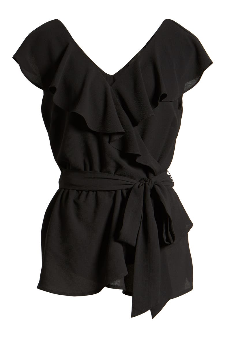 Ruffled Tie Waist Top, Alternate, color, BLACK