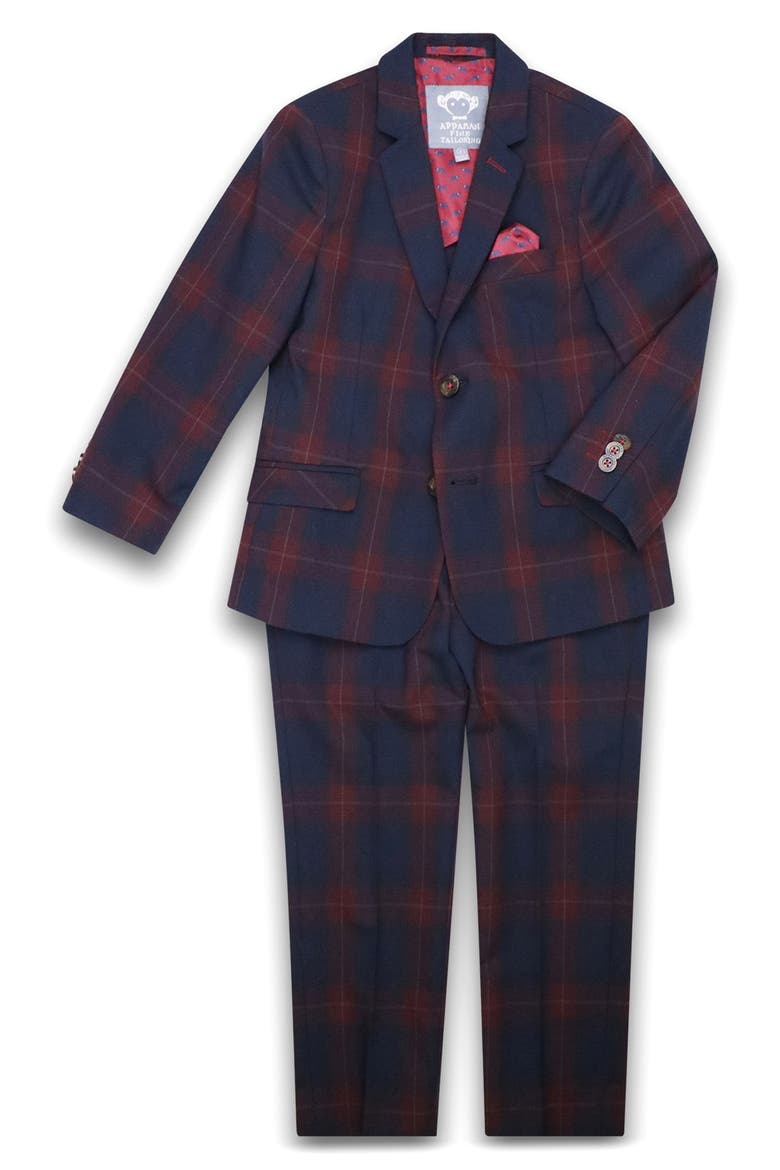Kids' Mod Slim Fit Plaid Stretch Flannel Suit, Main, color, NAVY/ CRANBERRY PLAID