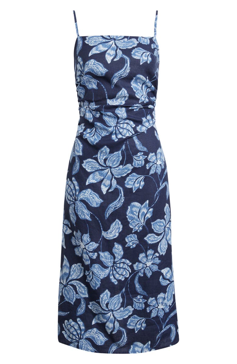 Madewell Sharona Ruched Linen Midi Dress, Main, color, Classic Indigo