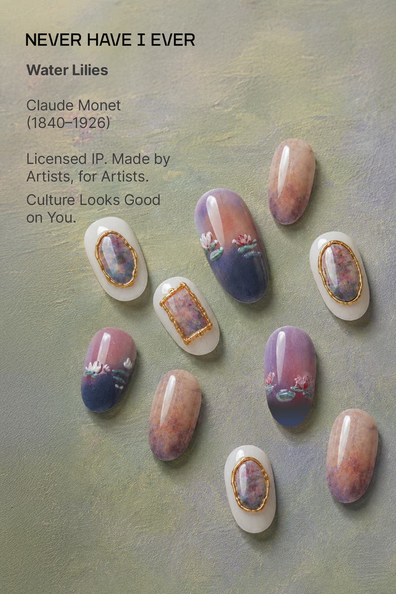 Claude Monet Water Lilies Short Oval Press On Nails, Alternate, color, Pink