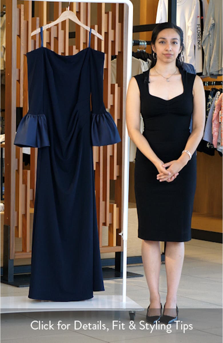 Off the Shoulder Long Sleeve Scuba Crepe Gown, sales video thumbnail