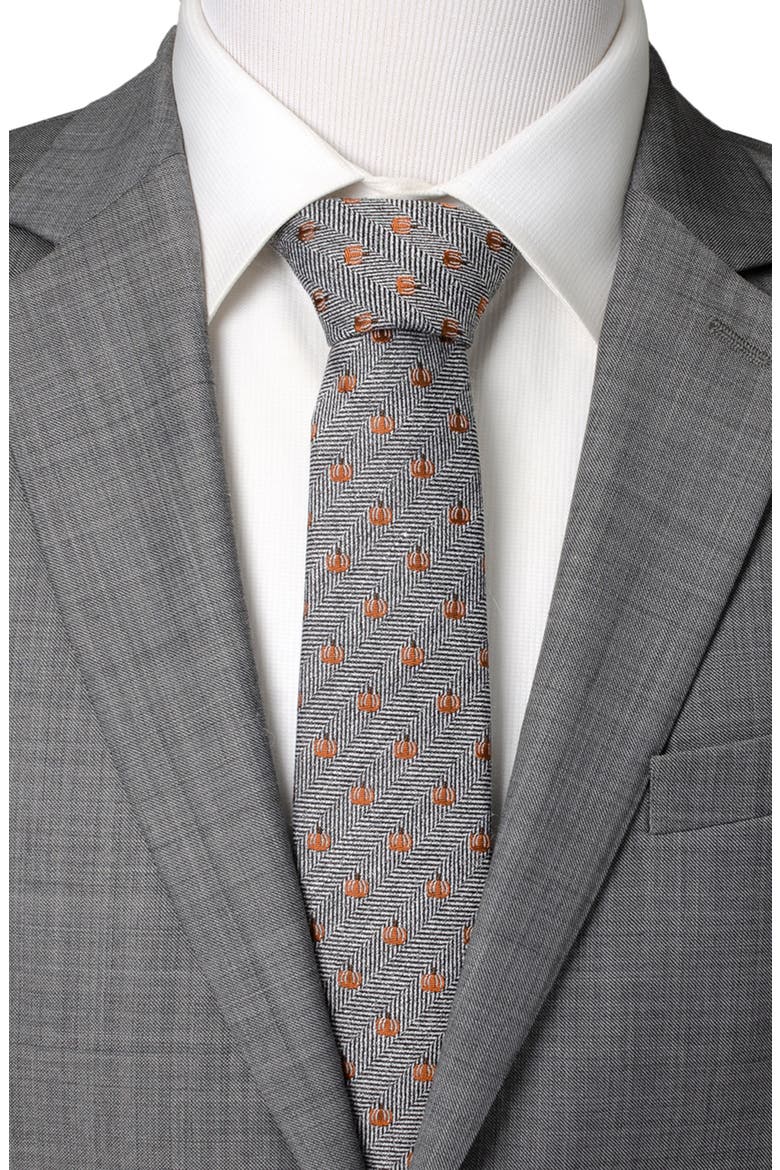 Holiday Pumpkin Silk & Linen Blend Herringbone Tie, Alternate, color, GRAY