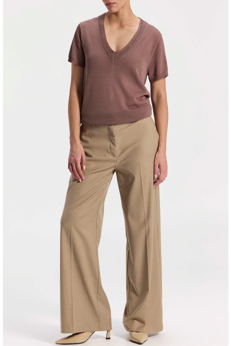 Short-Sleeve Knit Top with V-Neck, Alternate, color, Light Brown