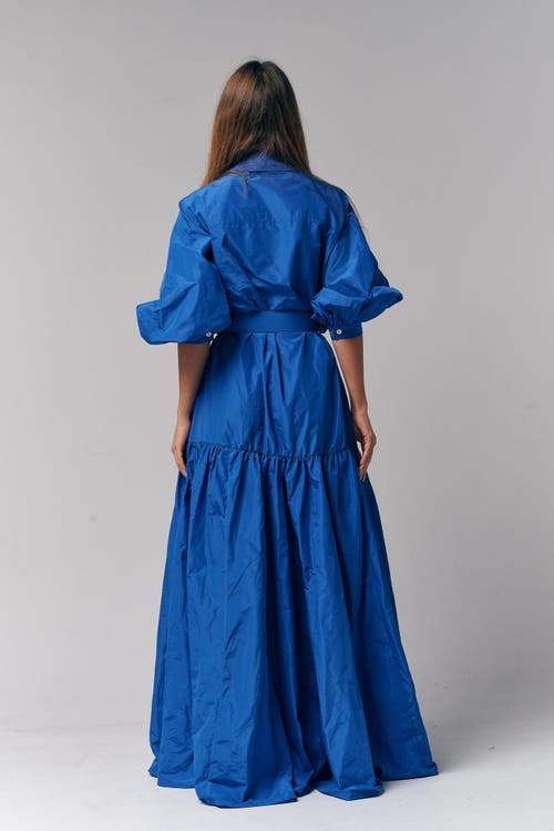 Le Fafo Bellted Taffeta Maxi Dress Gown In Blue