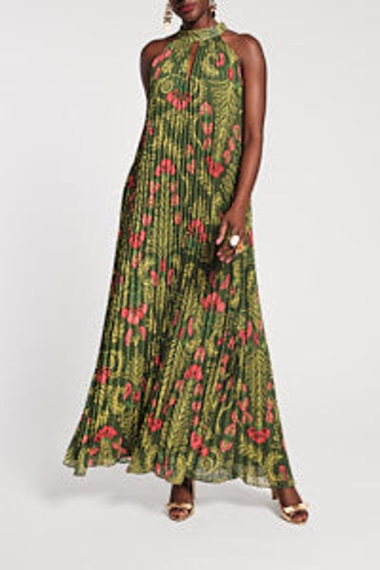 Slim Pleated Maxi Dress, Main, color, Green/Multi
