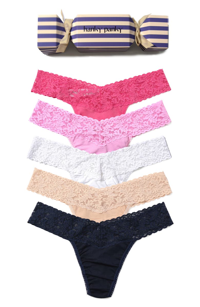 Hanky Panky Holiday Cracker Assorted 5-Pack Low Rise Cotton Thongs, Alternate, color, Pink/Lotus/Chai/White/Navy