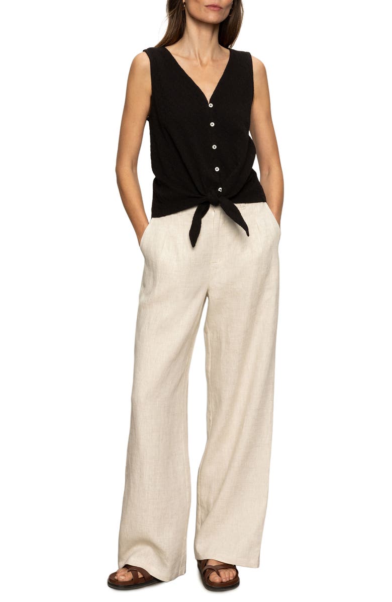 Sanctuary Vacation Textured Tie Front Button-Up Tank, Alternate, color, Black