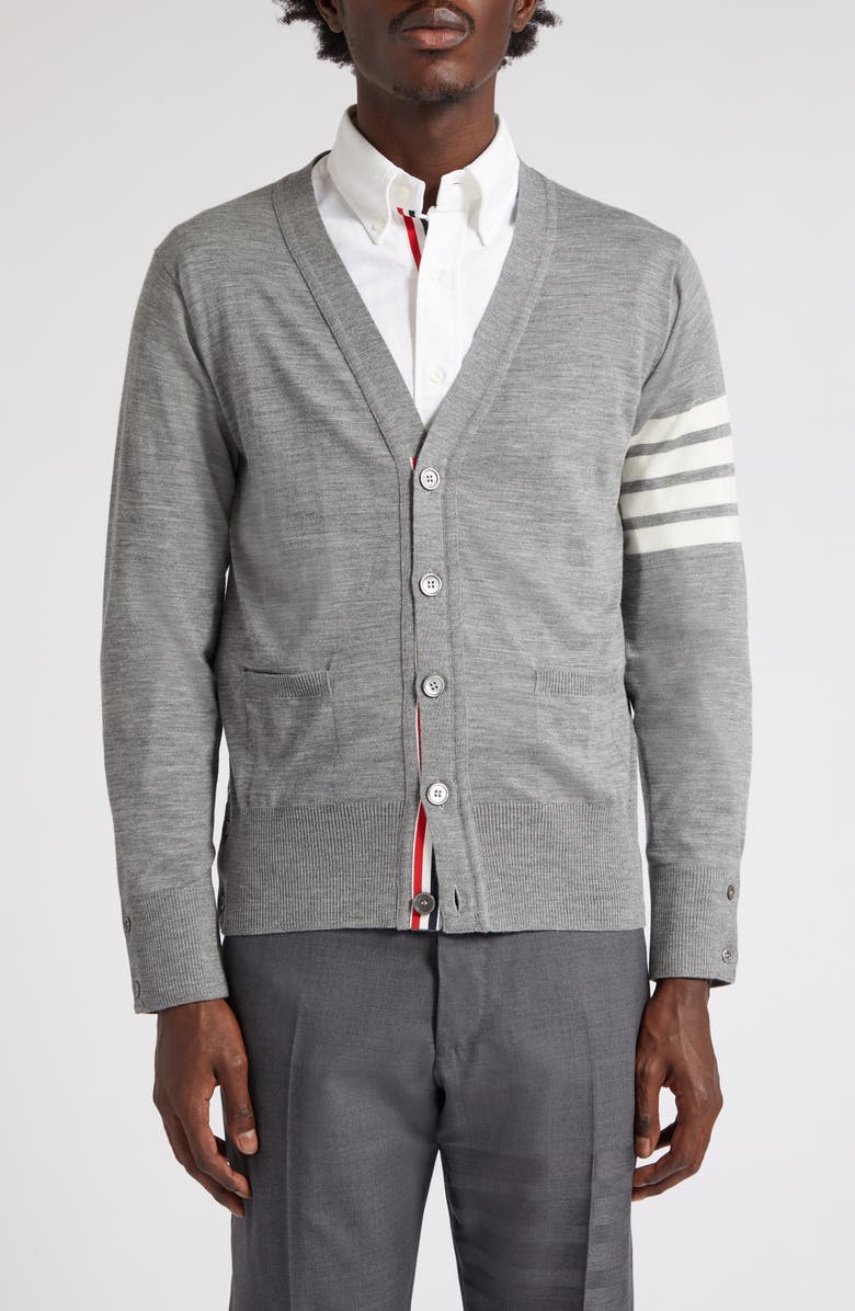 Thom Browne 4-Bar Merino Wool Cardigan, Main, color, 058 - Pale Grey