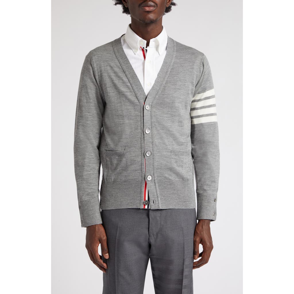 Thom Browne V-neck Hand-knitted Grey Wool Cardigan With Signature Stripes In Gray