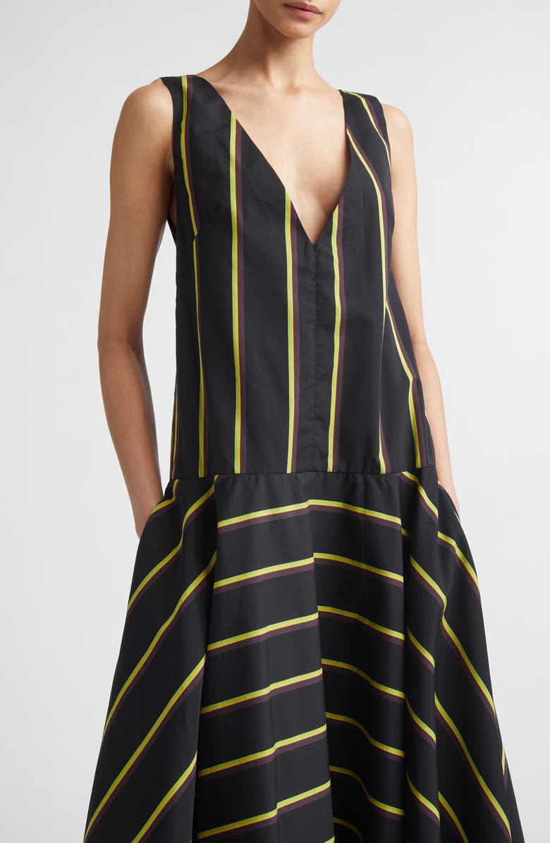 Proenza Schouler Beatriz Stripe Asymmetric Midi Dress, Alternate, color, Black Multi