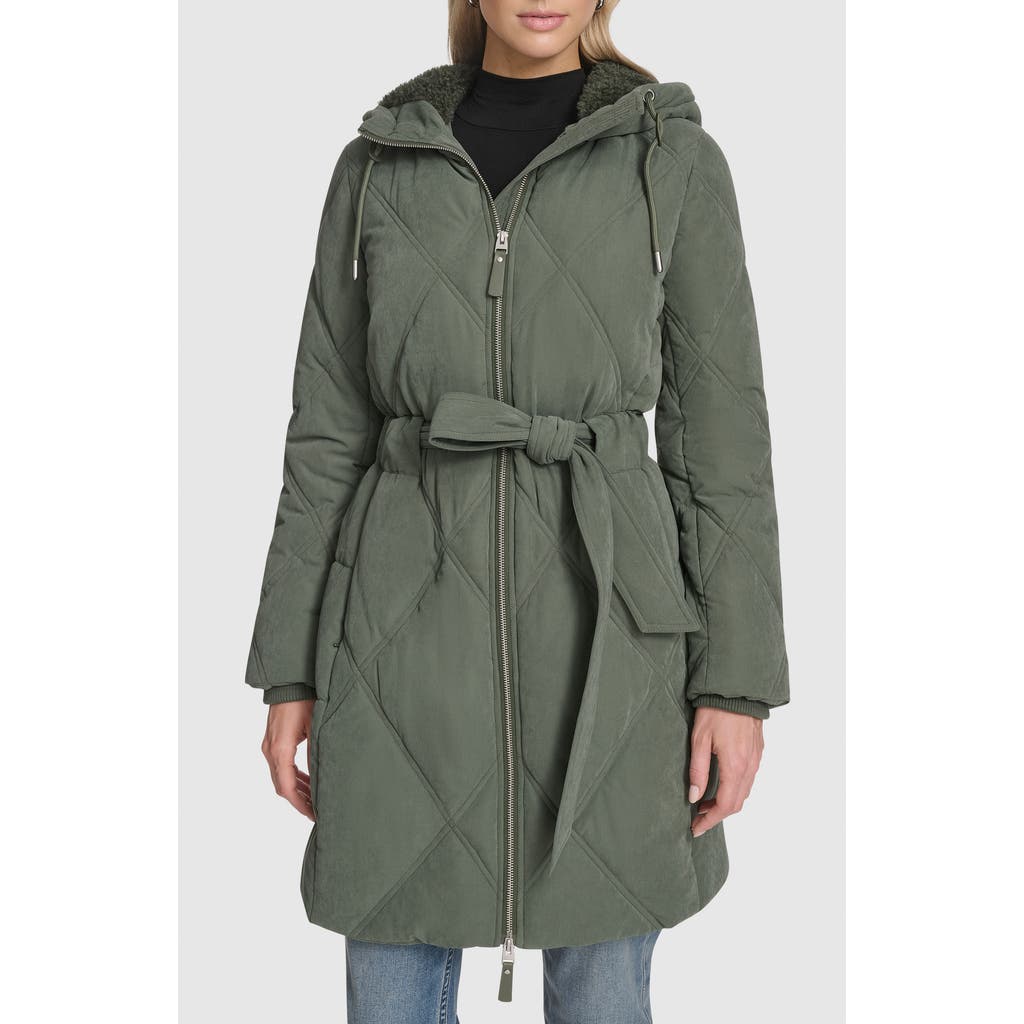 Andrew Marc Hollis Belted Faux Fur Lined Parka In Green