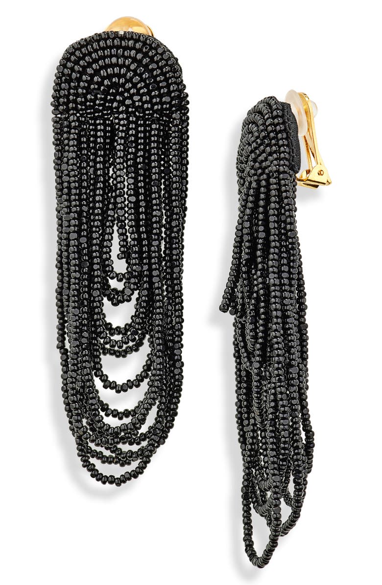 Oscar de la Renta Beaded Double Curtain Clip-On Drop Earrings, Main, color, Black