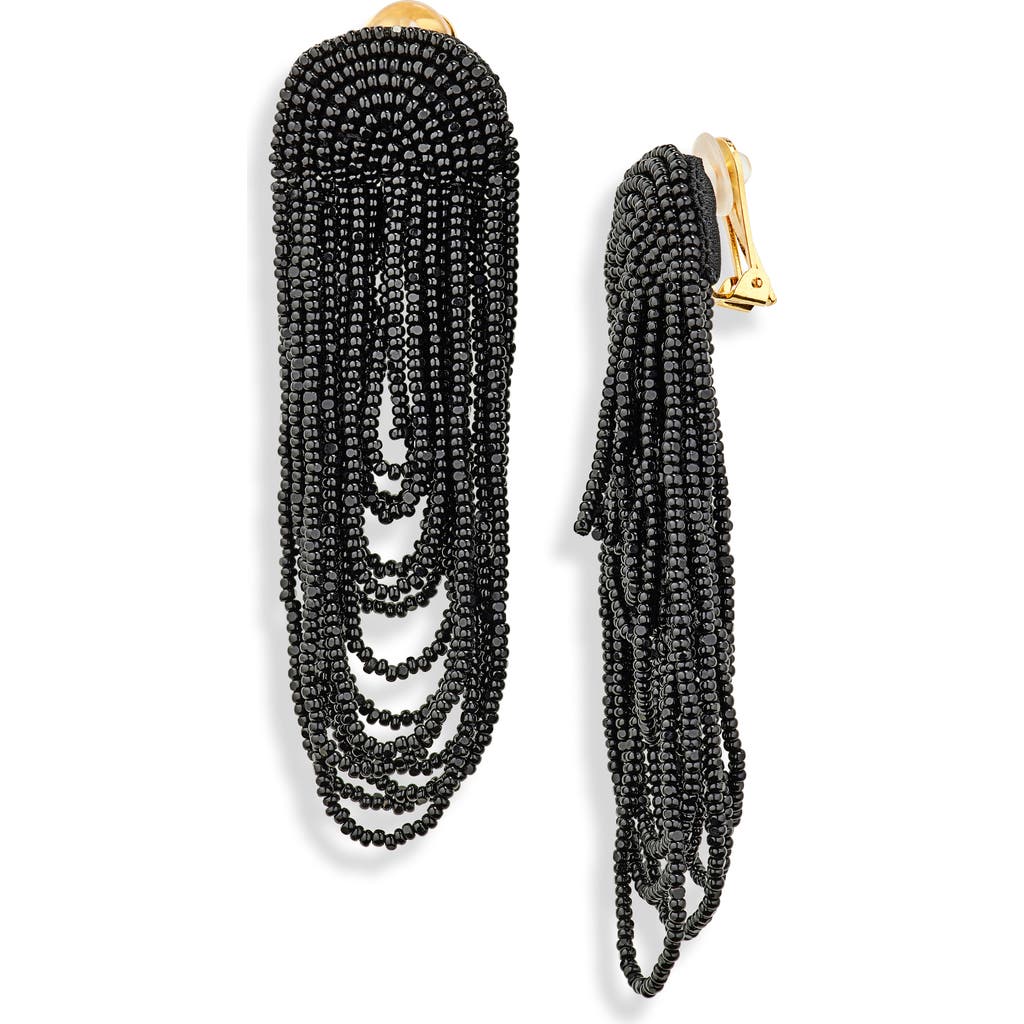 Oscar de la Renta Beaded Double Curtain Clip-On Drop Earrings in Black  product