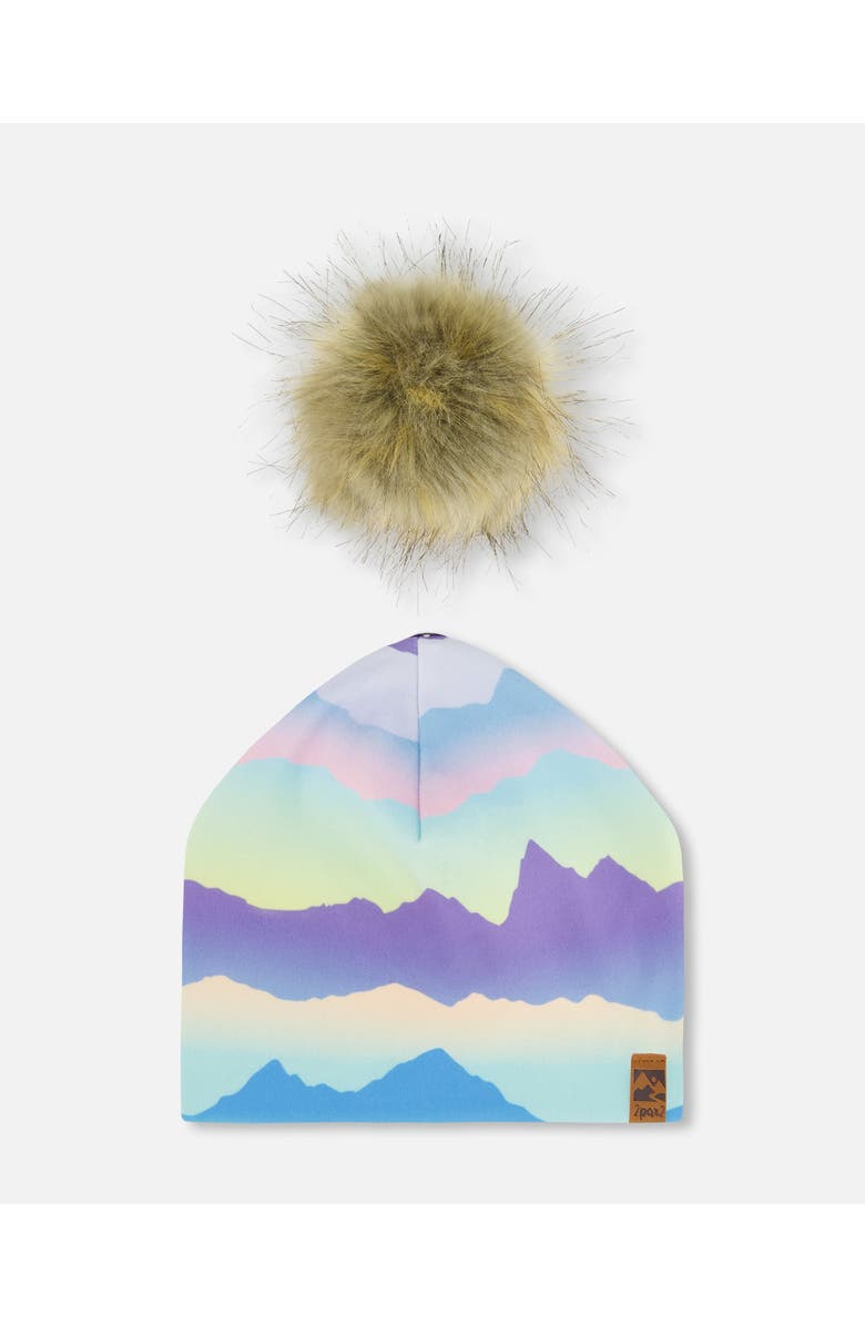 Deux par Deux Baby Girl's Printed Jersey Detachable Pompom Hat Mauve And Blue, Pink Mountain, Alternate, color, 