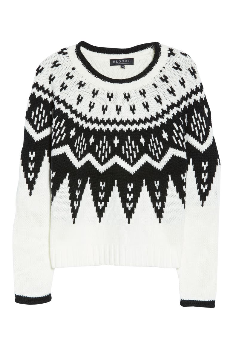 Fair Isle Crewneck Crop Sweater, Alternate, color, FAIRISLE BLACK/ WHITE
