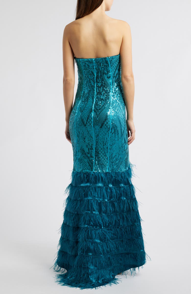 bebe Sequin Feather Trim Strapless Gown, Alternate, color, Teal