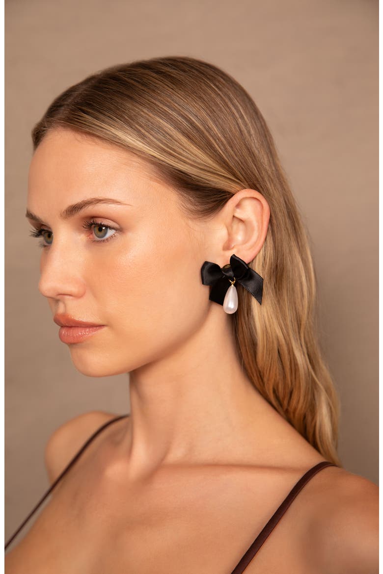 Bow Imitation Pearl Drop Earrings, Alternate, color, BLACK