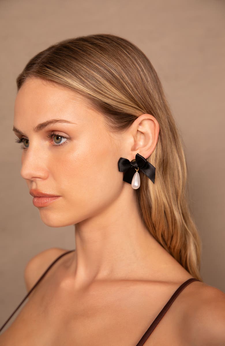 Petit Moments Bow Imitation Pearl Drop Earrings, Alternate, color, Black