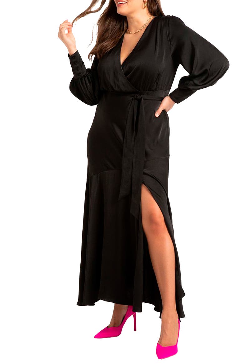 Long Sleeve Satin Wrap Gown, Main, color, BLACK
