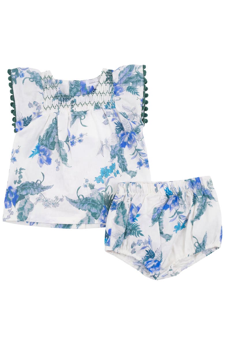 Charlotte & George Floral Print Smocked Top and Bloomers Set, Main, color, Blue