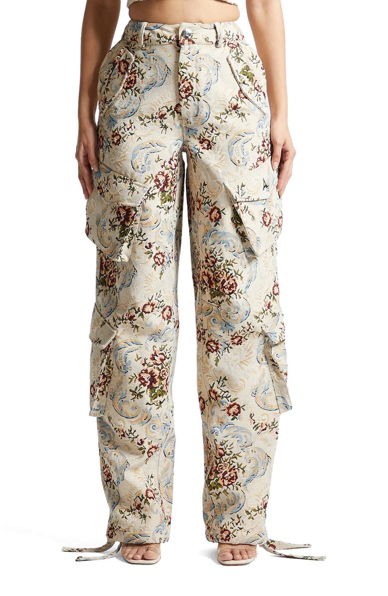 Manière De Voir Anne Floral Jacquard High Waisted Cargo Pants, Main, color, 
