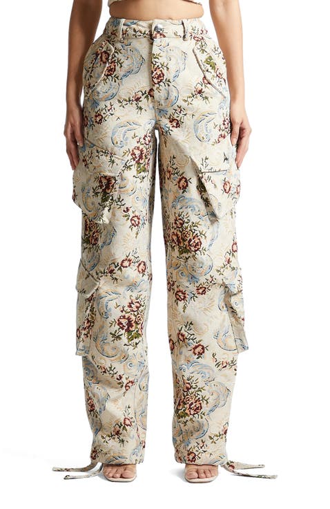 Anne Floral Jacquard High Waisted Cargo Pants