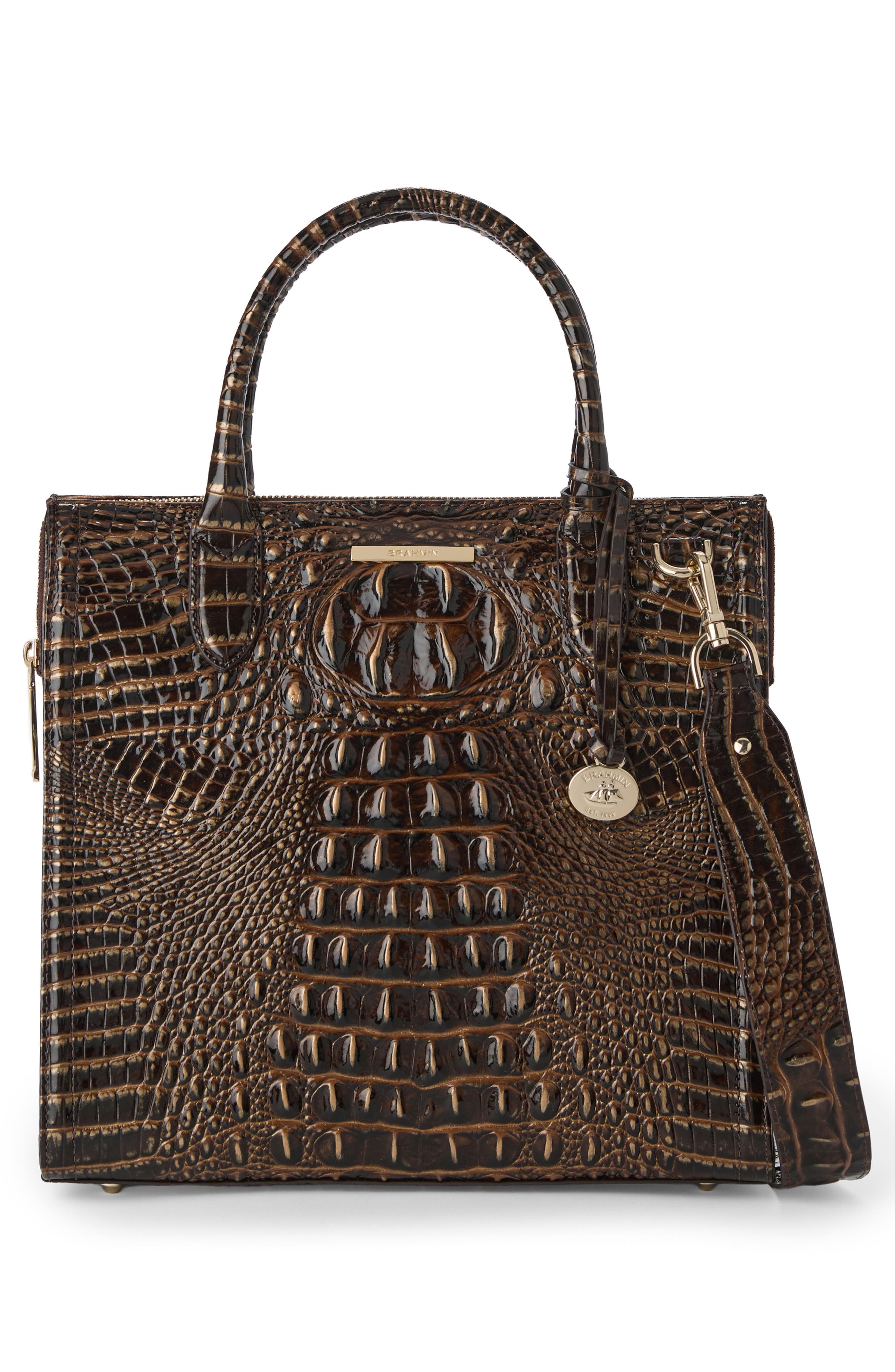 Brahmin Caroline Croc Embossed Leather Satchel, Alternate, color, Chocolate Melbourne