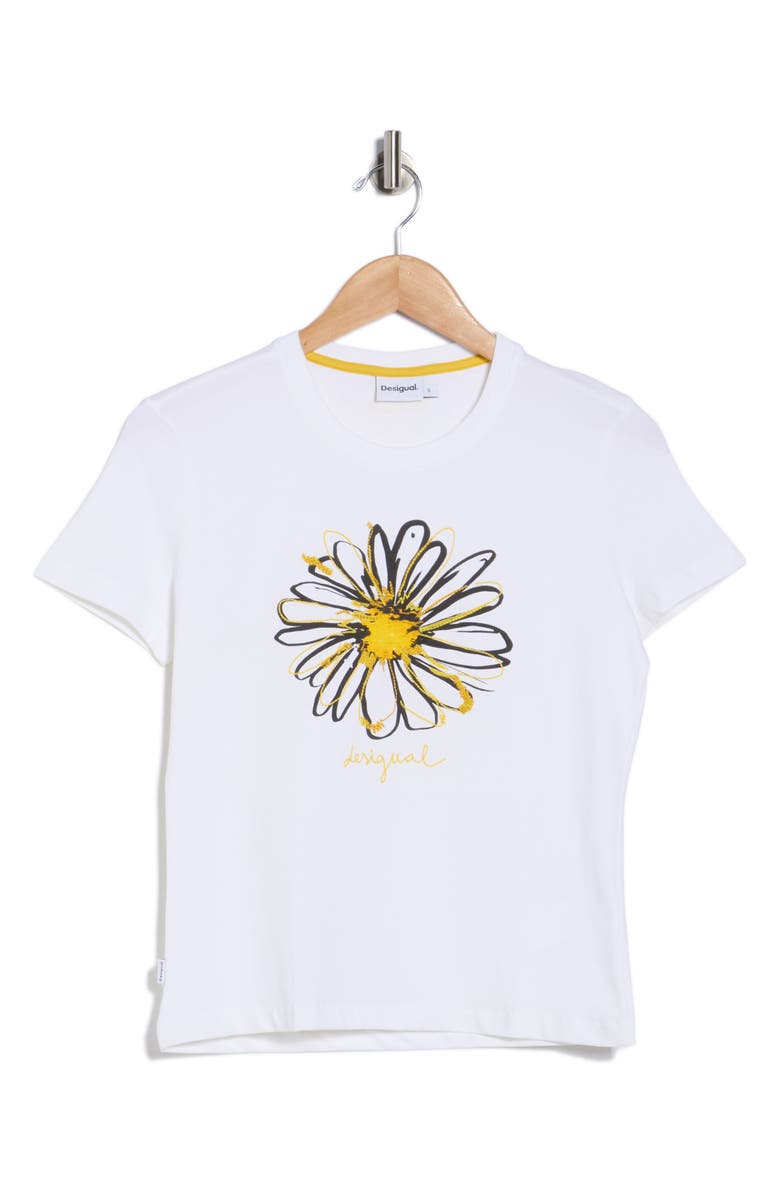 Desigual Daisy Embroidered Knit Graphic T-Shirt, Main, color, White