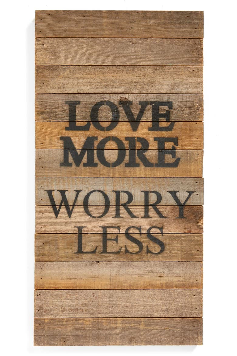 'Love More Worry Less' Repurposed Wood Wall Art, Main, color, BROWN