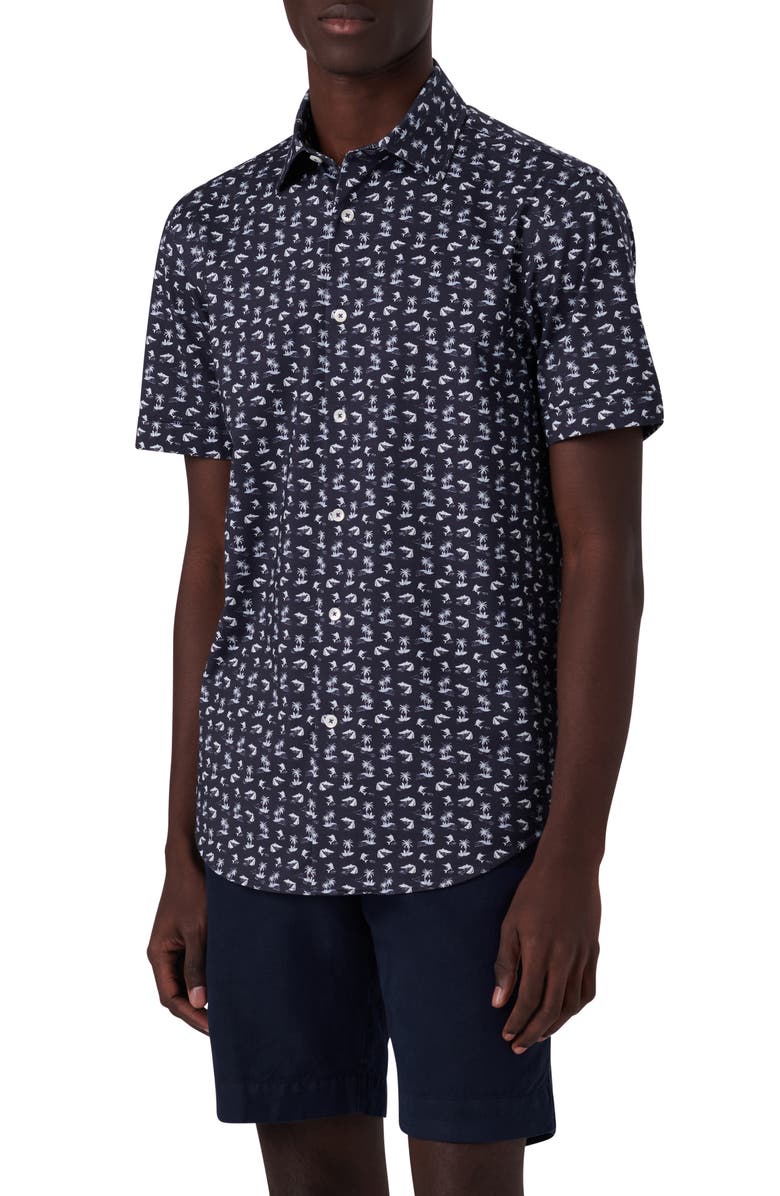 Bugatchi Miles OoohCotton<sup>®</sup> Tropical Print Short Sleeve Button-Up Shirt, Main, color, 