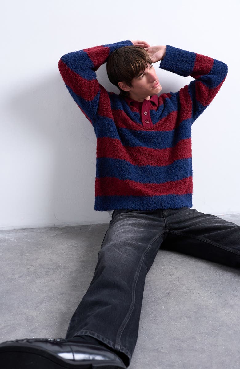 Topman Oversize Stripe Bouclé Polo Sweater, Alternate, color, Burgundy