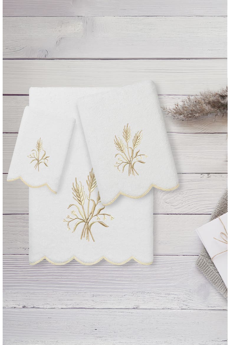 Whitney Scalloped 3-Piece Embellished Towel Set, Alternate, color, WHITE/ BEIGE