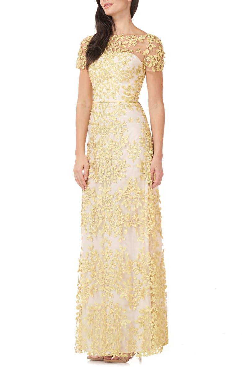 JS Collections Floral Appliqué Mesh A-Line Gown, Alternate, color,
